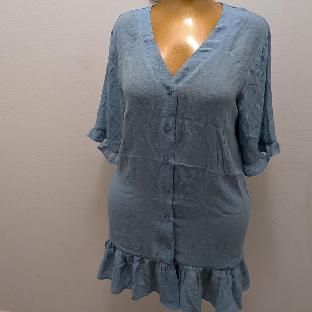 Cupshe Blue V Neck Ruffle Hem Mini Cover Up Dress Button Up 3/4 Sleeve Small S